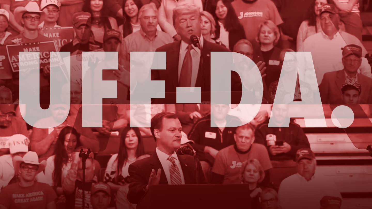 "Uff-Da" superimposed on screenshots of Trump and Jeff Johnson at the Rochester rally